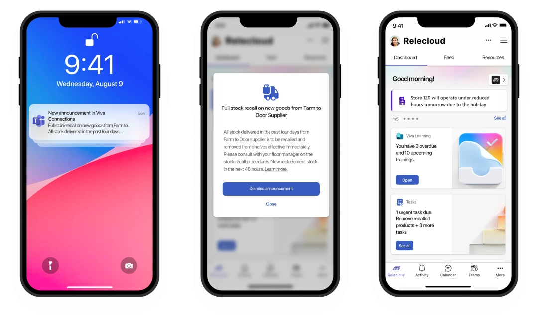 A series of mobile screens showing the Announcements in Viva Connections feature. The first screen shows a push notification for a stock recall, the second screen shows an announcement card in Viva Connections with instructions on how to proceed, and the third screen shows Announcements showing up at the top of the Viva Connections dashboard.
