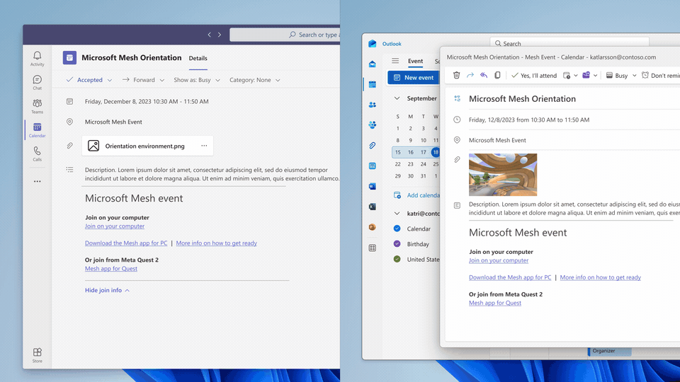 Split screen showing a Mesh event invite in Microsoft Teams on the left and a Mesh event invite in Outlook on the right. User clicks "join on your computer" in both screens to open a dashboard of Mesh events.