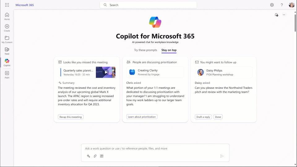 Microsoft Copilot showing Viva employee experience data. Including finding a trending topic and responding with a rich summary coming from multiple Viva data sources such as social communities, results from an employee survey, and a workplace analytics report.