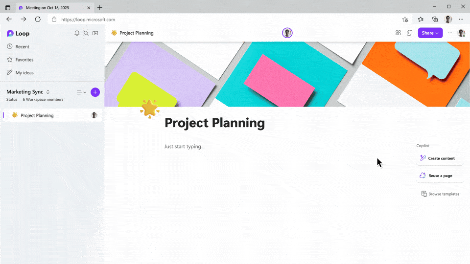 Animated GIF of a 'Project Planning' page in Microsoft Loop, showing how intelligent page creation works. Copilot in Loop begins by suggesting pages from past work to reuse, automatically adapting a page for the current project with new content.