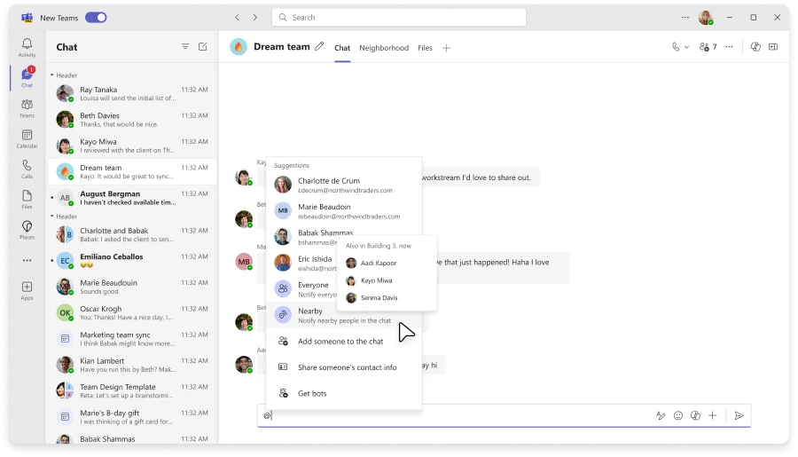 A group chat open in Teams with the @nearby feature. Mouse hovering over Nearby has a panel showing colleagues in the same building.