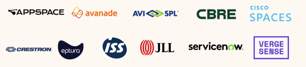 Image displaying the logos for Appspace, Avanade, AVI SPL, CBRE, Cisco Spaces, Crestron, Eptura, ISS, JLL, ServiceNow, and Verge Sense.
