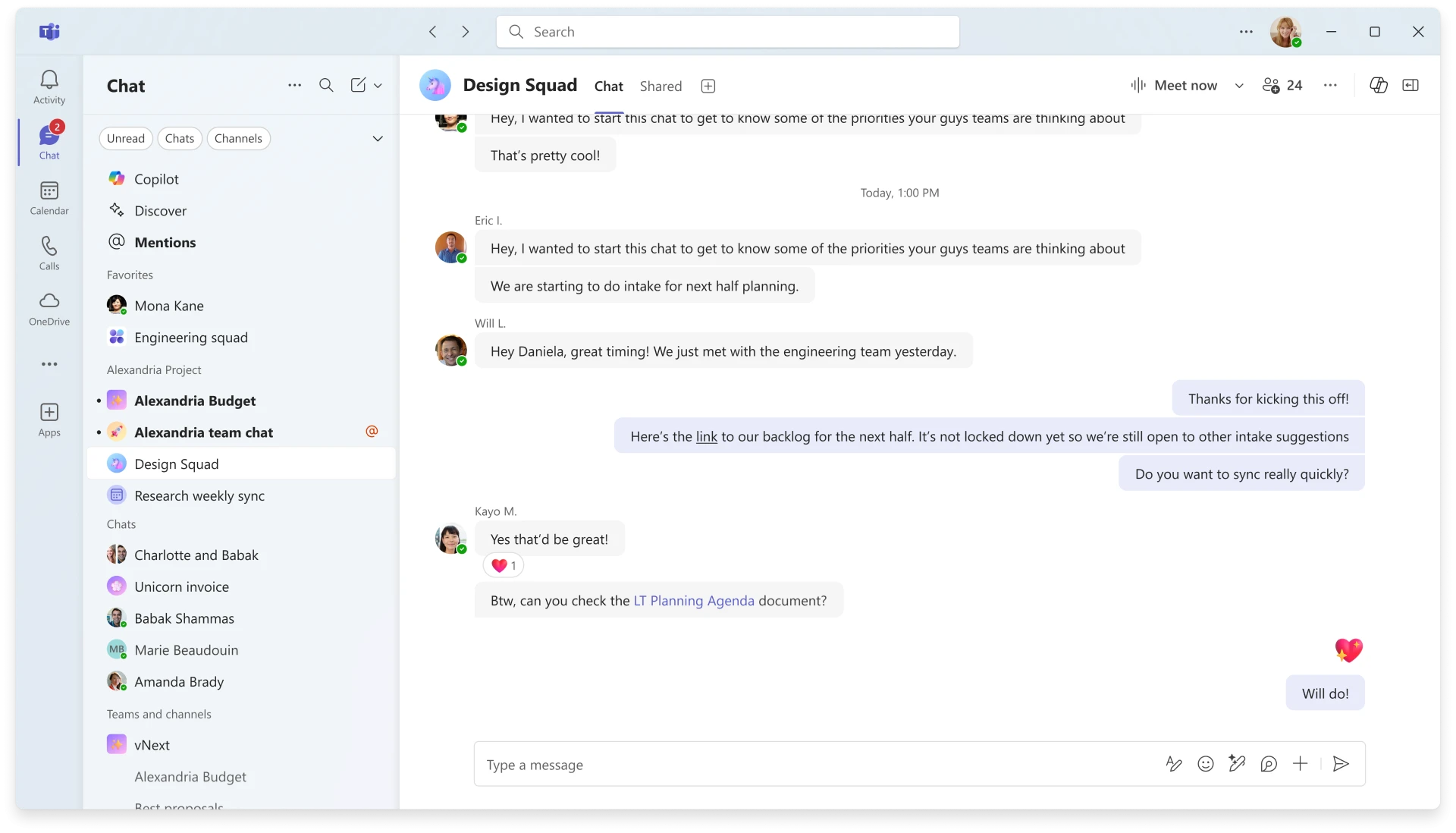 A screenshot of Teams showing favorites and custom sections in the chat and channels list , with the ability to organize your chat, channels, and meeting chat conversations to fit your needs. 