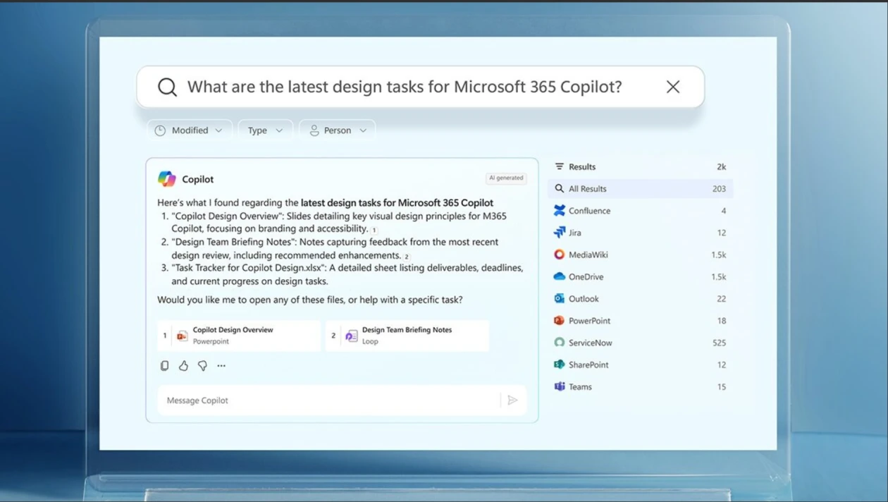 A Microsoft 365 Copilot UI screen mocked up in a laptop. The screen displays the following prompt with results: What are the latest design tasks for Microsoft 365 Copilot?