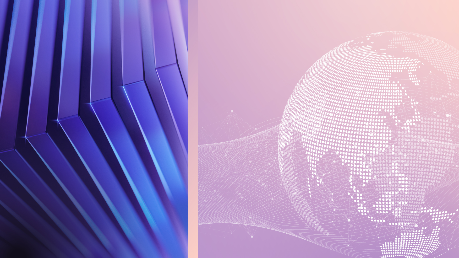 Split image featuring layered, angular panels beside a dotted globe with flowing lines showing global connections.
