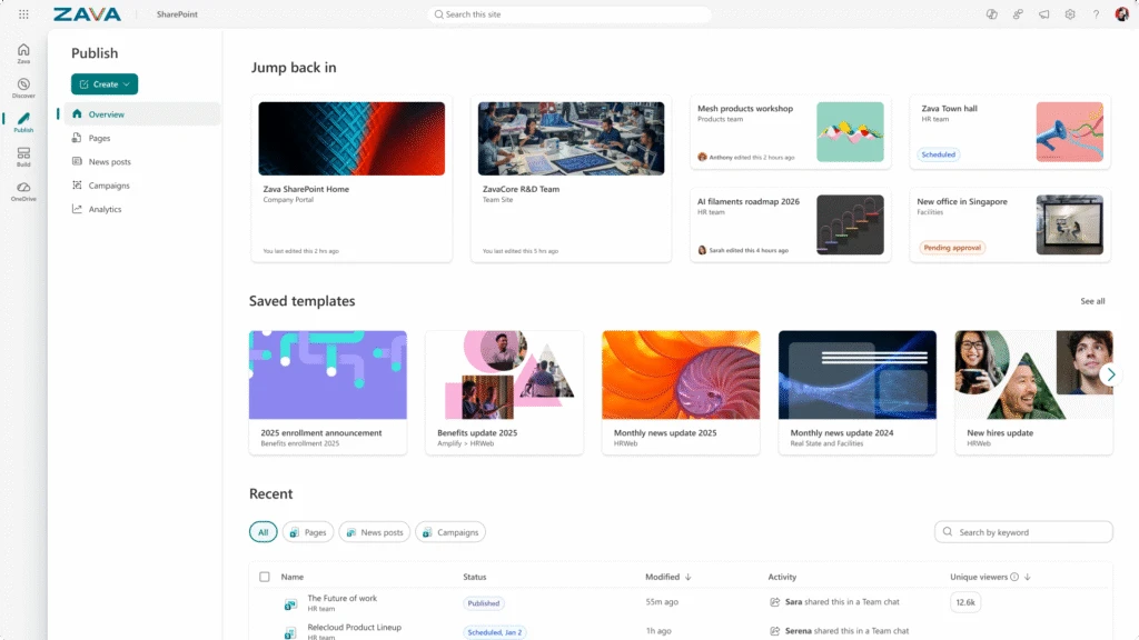 Screenshot of a SharePoint &ldquo;Publish&rdquo; dashboard showing a left navigation menu and a main content area with sections titled &ldquo;Jump back in,&rdquo; &ldquo;Saved templates,&rdquo; and &ldquo;Recent.&rdquo; The page displays card-style tiles for team sites, workshops, announcements, and news updates, along with status labels such as published, scheduled, and pending approval. A search bar and filters appear near the top and within the recent content list.
