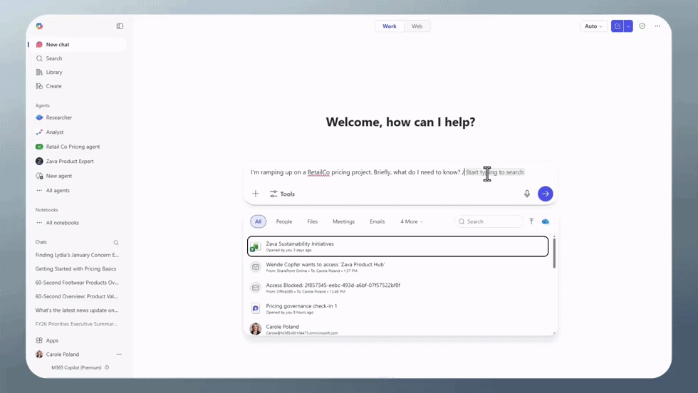 A computer screen displays the Microsoft Copilot interface. At the top, a message says “Welcome, how can I help?” Below it, the user has typed a request about ramping up on a “RetailCo pricing project.” Copilot returns results in a list, showing items from files, people, meetings, emails, and more. The left sidebar shows navigation options such as New chat, Search, Library, Create, Agents, Notebooks, and Chats. The interface is clean and minimal, with a white background and soft shadows around the search results.