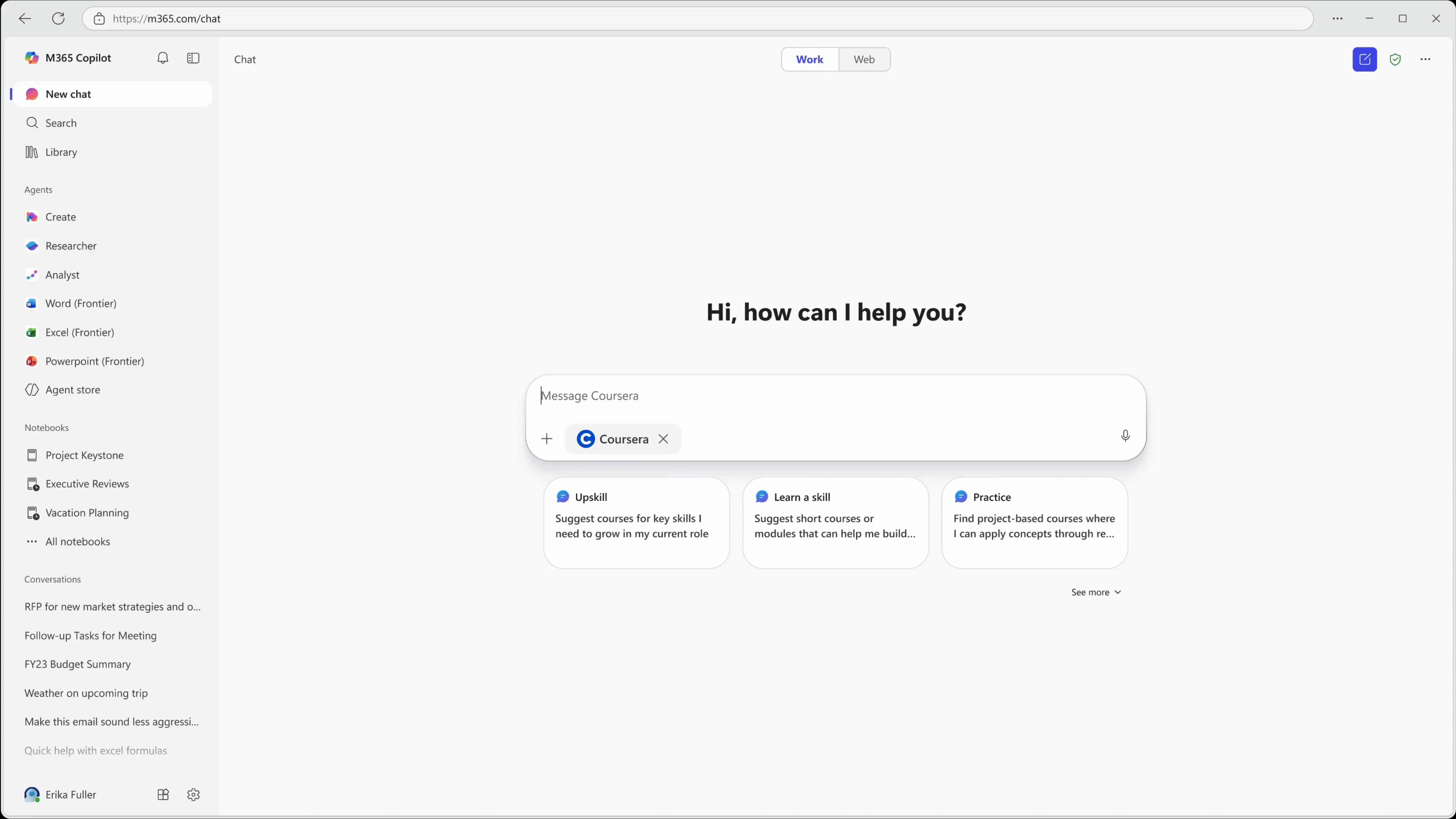 Microsoft 365 Copilot chat interface showing a prompt connected to Coursera with suggested skill‑building actions.