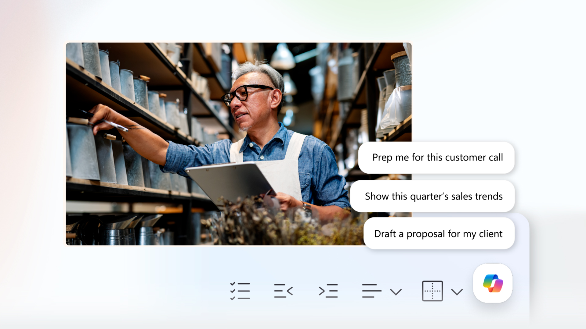 Person in a small warehouse or shop aisle uses a tablet while checking labeled metal containers on shelves; interface overlay shows AI prompts like “Prep me for this customer call,” “Show this quarter’s sales trends,” and “Draft a proposal for my client,” alongside a Copilot-style icon