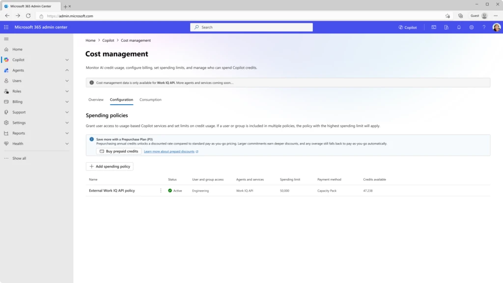 The image displays a dashboard interface for managing Copilot credits, including configuration settings for billing, spending limits, and user access permissions.
AI-generated content may be incorrect.