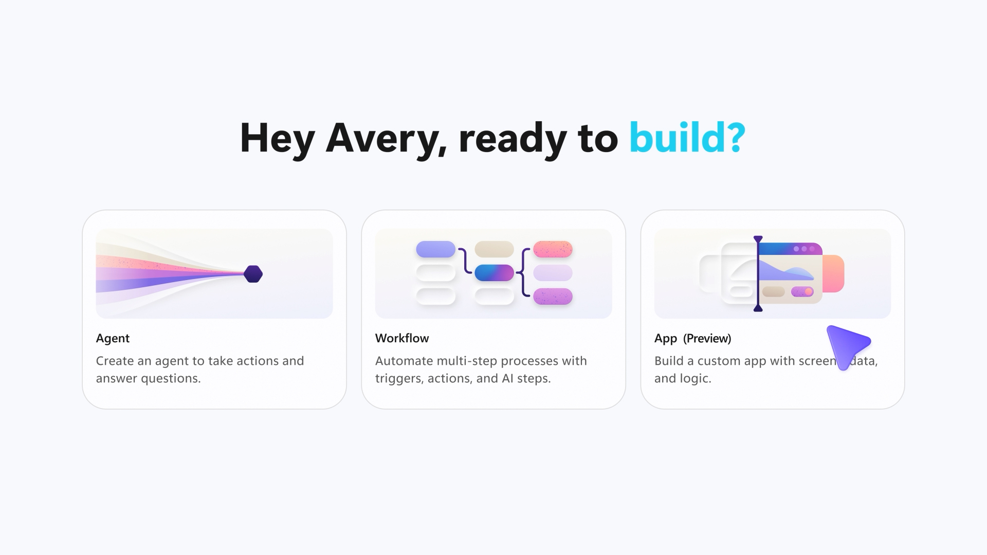 A UI screen with three options to build apps using Cowork and Copilot Studio