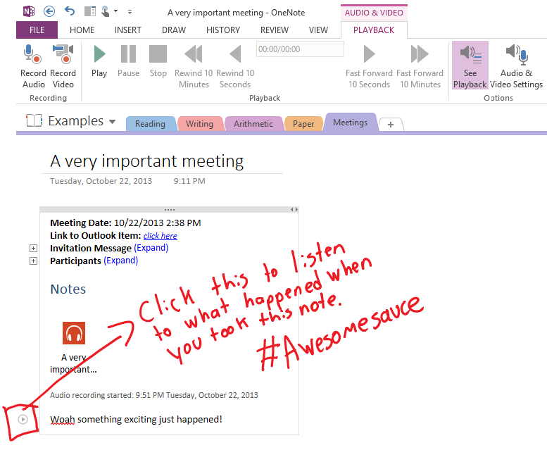 on-page writing points to a recording of the meeting