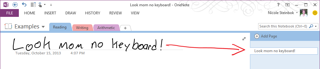 "Look, Ma! No keyboard!" is displayed in handwriting on the OneNote page