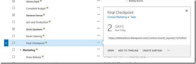 Screenshot of clicking into a checklist item and a details card popping up