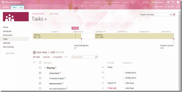 A themed Tasks list view
