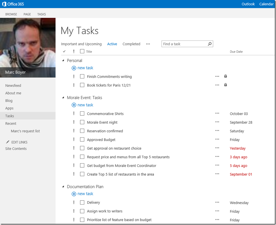 Snapshot of "my tasks" page