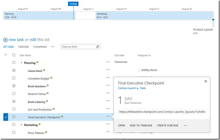 Timeline view next to list view