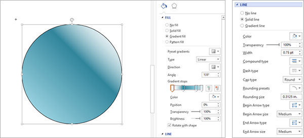 the circle is now filled with a gradient pattern and the "line" menu is displayed