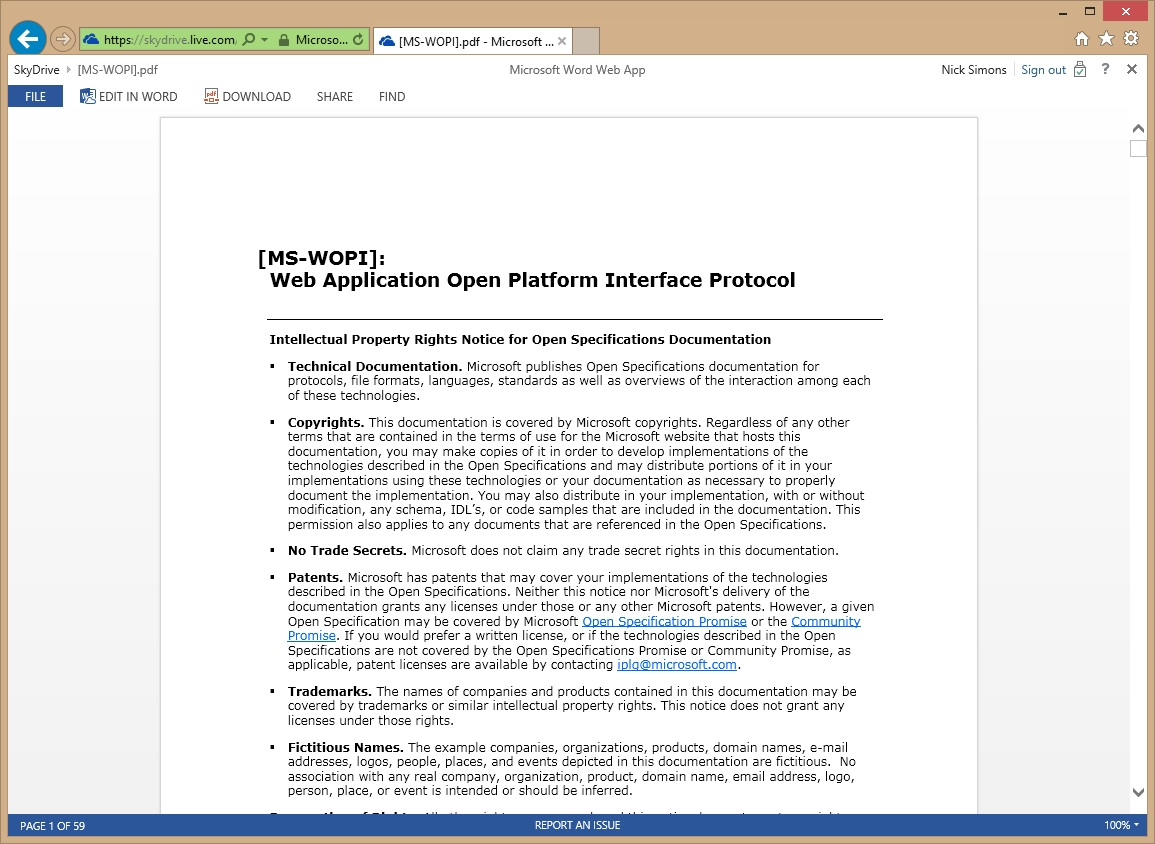screenshot of a word document in the web app