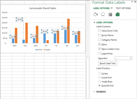 Format Data labels panel is displayed