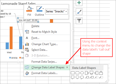Change Data Label Shapes menu item is displayed