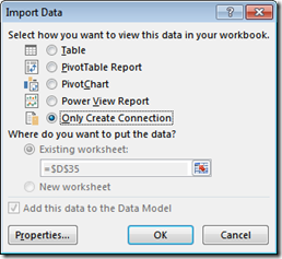 Import data popup action menu with "only create connection" radio button selected