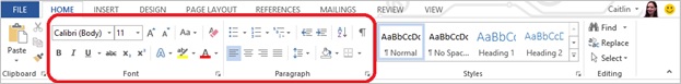 Screenshot of the home tab with the font and paragraph settings highlighted