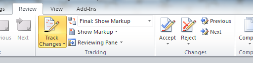 Tracking group on ribbon in Word.
