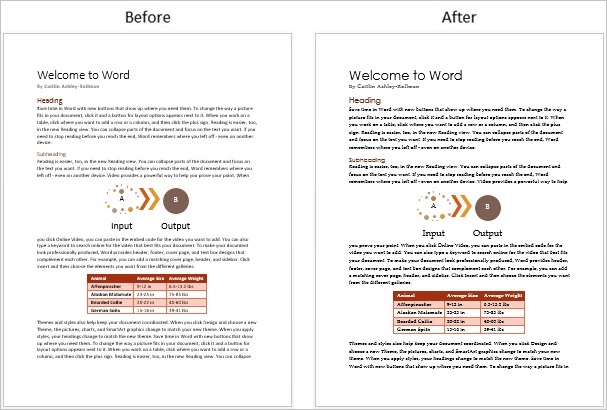 Screenshot of a document before and after a theme font change
