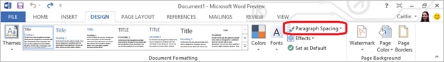 Screenshot of the design tab with the paragraph spacing button highlighted
