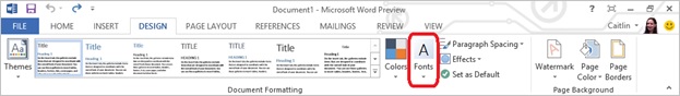 Screenshot of the Design tab with the Fonts button highlighted