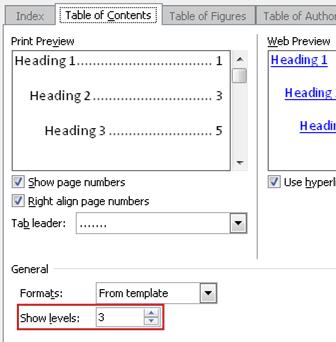 Show levels option in the Table of Contents dialog box