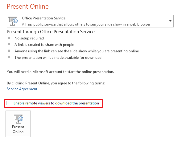 Present online menu options with "enable remove viewers to download the presentation" radio button selected