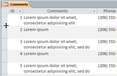 An Access datasheet showing manually-sized rows An Access datasheet showing manually-sized rows
