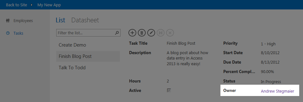 Click on the hyperlink to drill-down into the details of the Employee who owns the Task. Click on the hyperlink to drill-down into the details of the Employee who owns the Task.