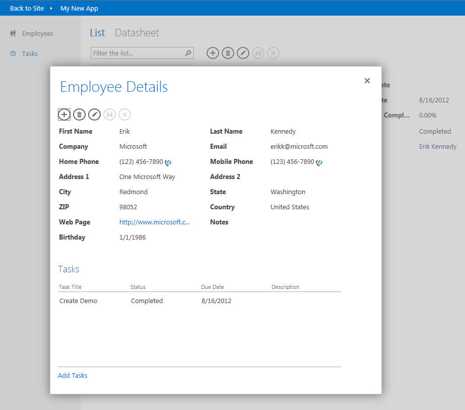 A popup displays the Task owner's details. A popup displays the Task owner's details.