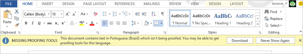 proofing tools popup