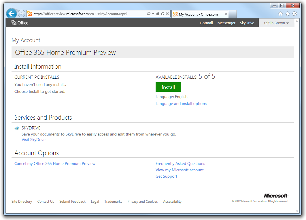 Office 365 Home Premium Preview window