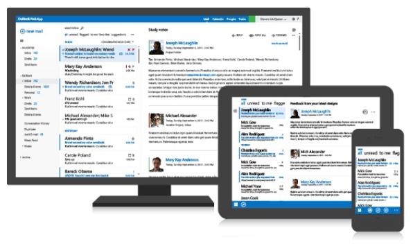 image of a desktop monitor, tablet, and phone all displaying Microsoft outlook