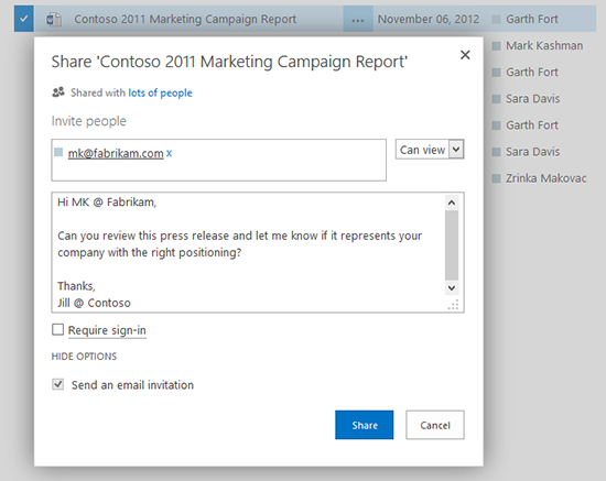 "share" window with message prompt