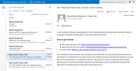 outlook inbox with sharepoint email message