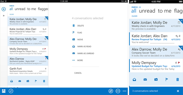 multiple email items are selected and highlighted in tablet and mobile view