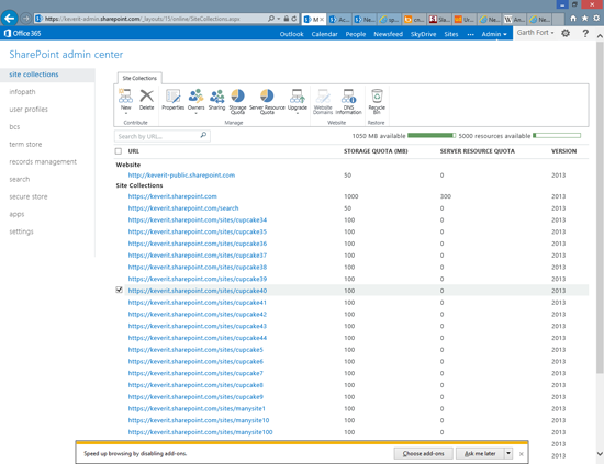 The main site collection management page