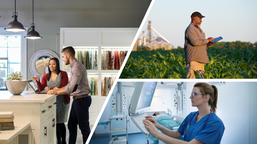 A collage of three industries - retail, sustainability, and healthcare.