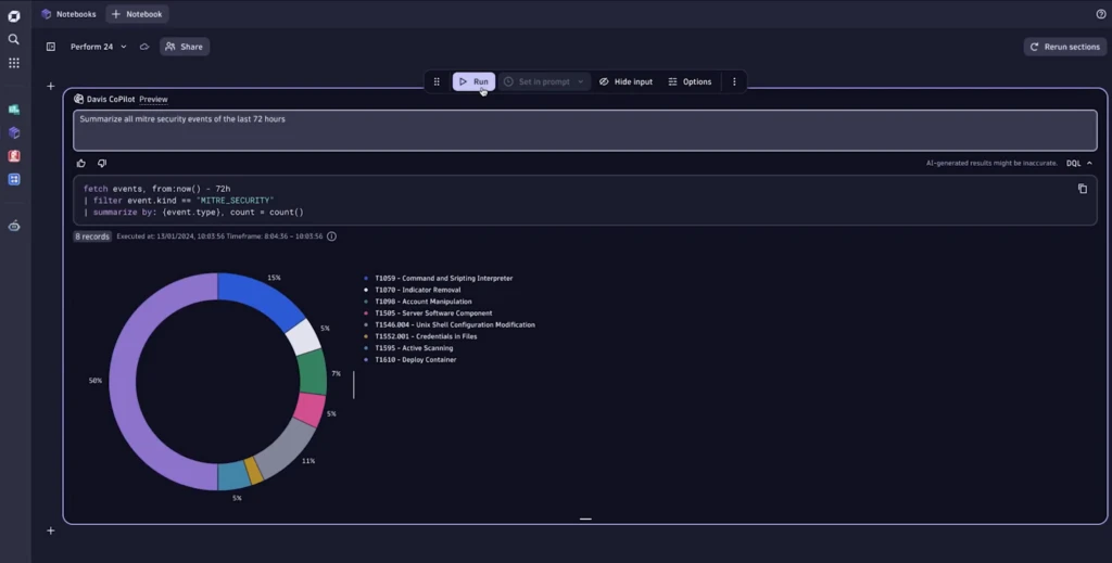 Using Davis® Copilot, the user asks to summarize security events within the last 72 hours. A chart reflecting the incidents is generated.