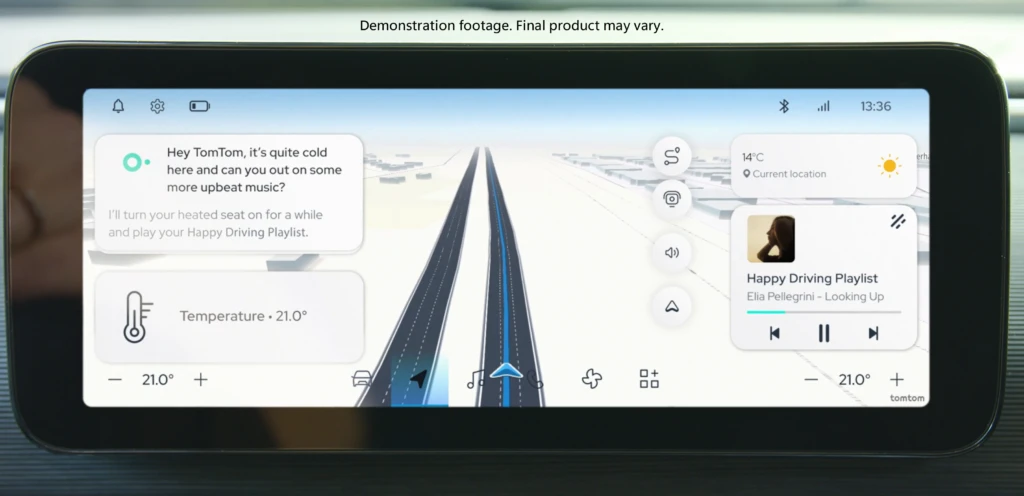 Demonstration image of TomTom in-car dashboard showing interaction between driver and Digital Cockpit. The driver asks copilot to change the temperature and play some music. The copilot responds conversationally and determines both the optimal temperature for this driver and her favorite music.