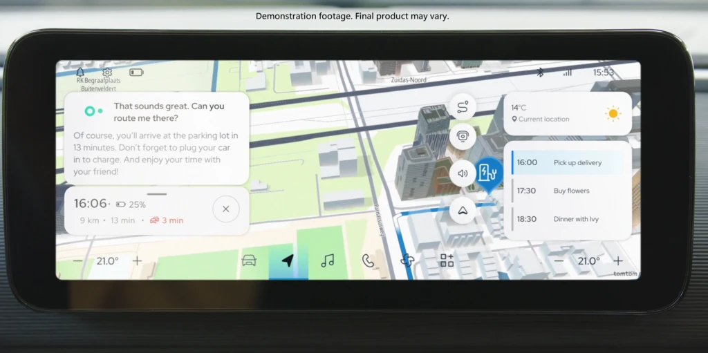 Demonstration image of TomTom in-car dashboard showing interaction between driver and Digital Cockpit. The driver asks for places to park near her destination. The copilot responds conversationally with suggestions on where to park, a view of how to get there, and optimizes suggestions based on the driver’s need to charge her car.