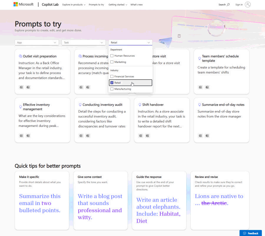 An animated sequence showing the home page of Copilot Lab filled with industry specific fonts. The user selects a prompt and copies it to their clipboard.