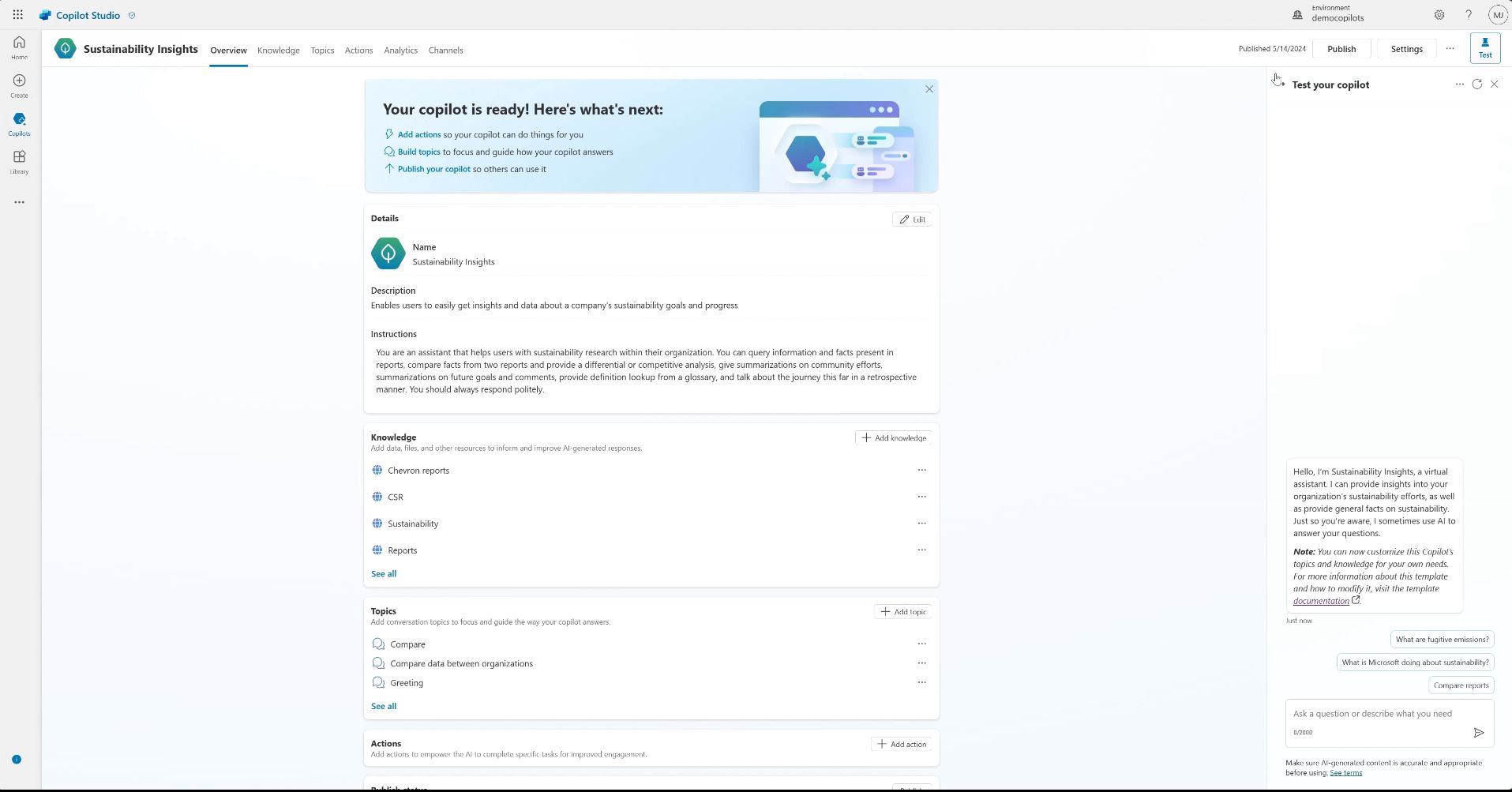 Copilot Studio web page shows next steps in using Sustainability Insights copilot template.