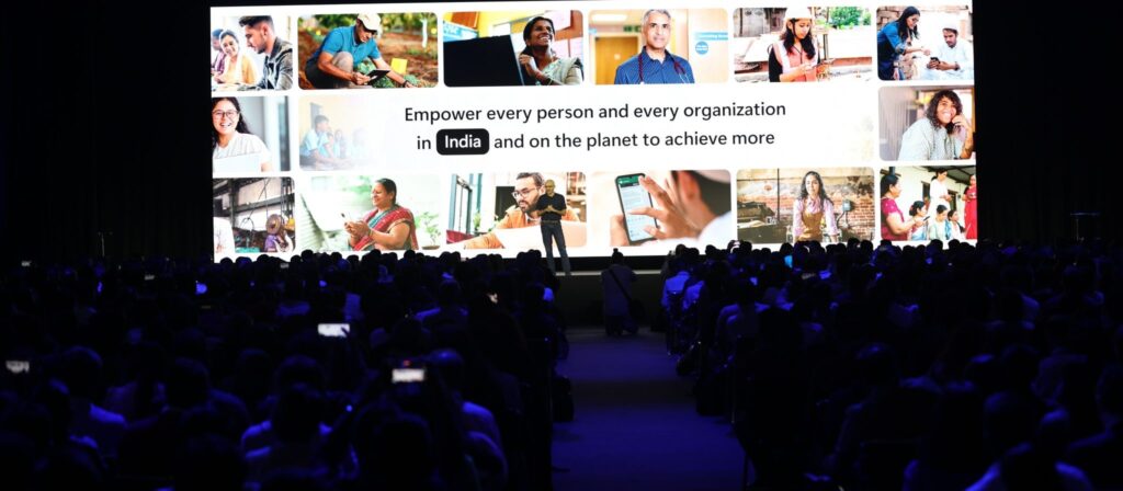 Satya Nadella speaking at the Microsoft AI Tour stop in India.